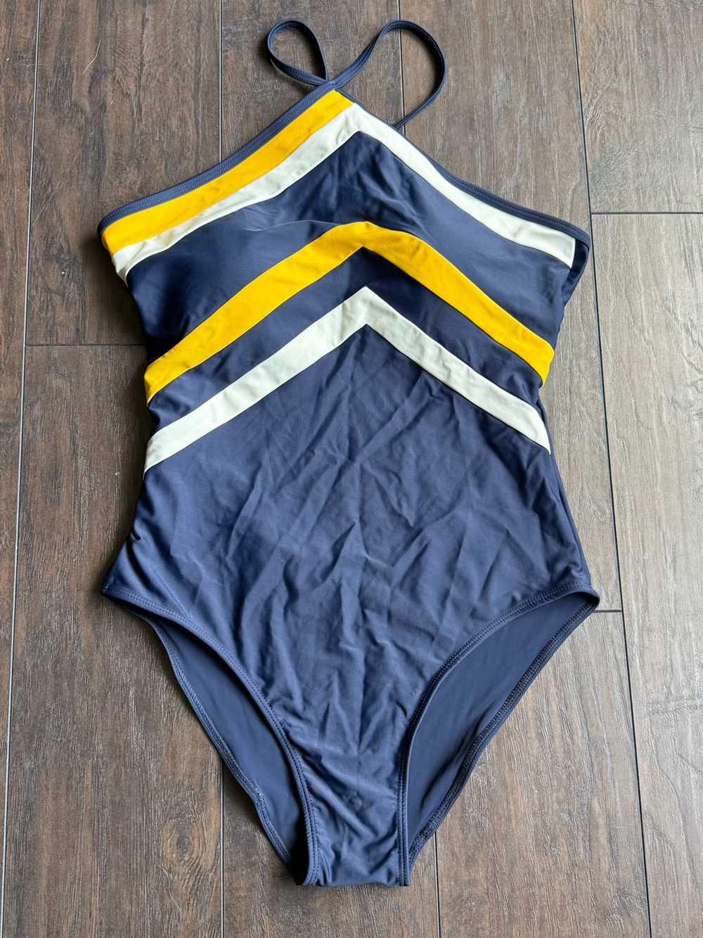 Summer Salt Navy Blue One-Piece Swimsuit with Yellow & White Chevron Stripes 12